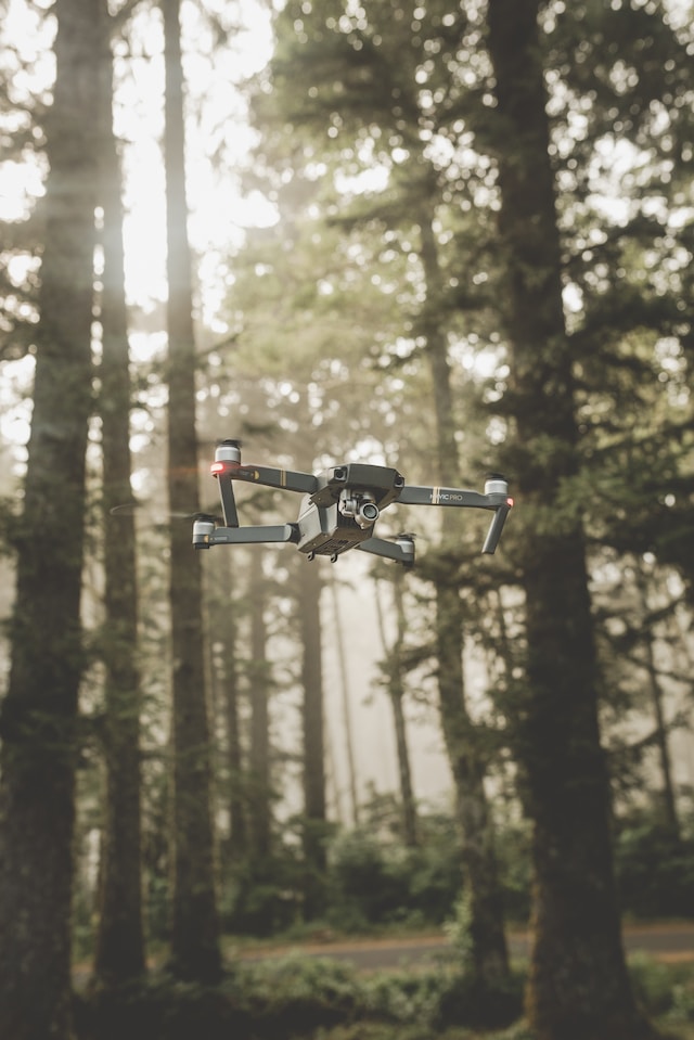 Mustaharmaa DJI Mavic Pro -drone metsässä.